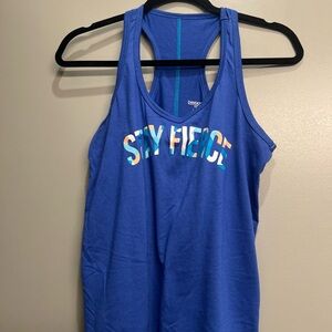 Blue Tank Top with Multicolor Text